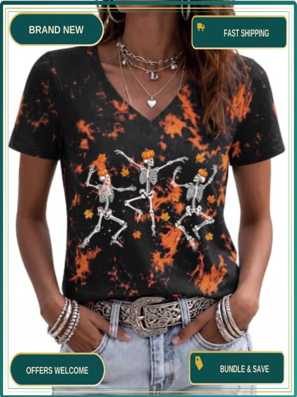 Womens Halloween Graphic V Neck Short Sleeve Casual Tee